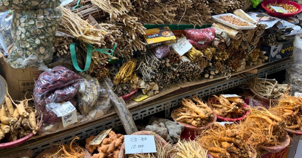 韓国清州、ユッコリ総合市場の漢方や乾物を売るお店