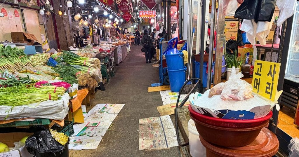 韓国清州、ユッコリ総合市場の小径の肉屋