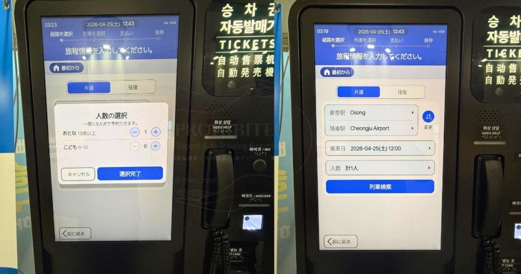 韓国・清州、五松（オソン 오송）駅の鉄道券売機の使い方3
