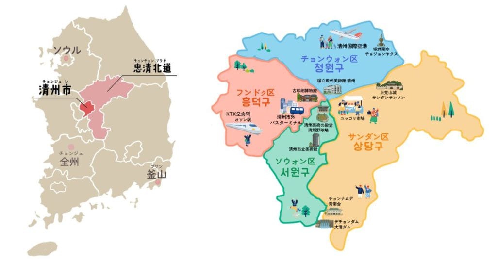 韓国・清州と全州の位置と清州市地図