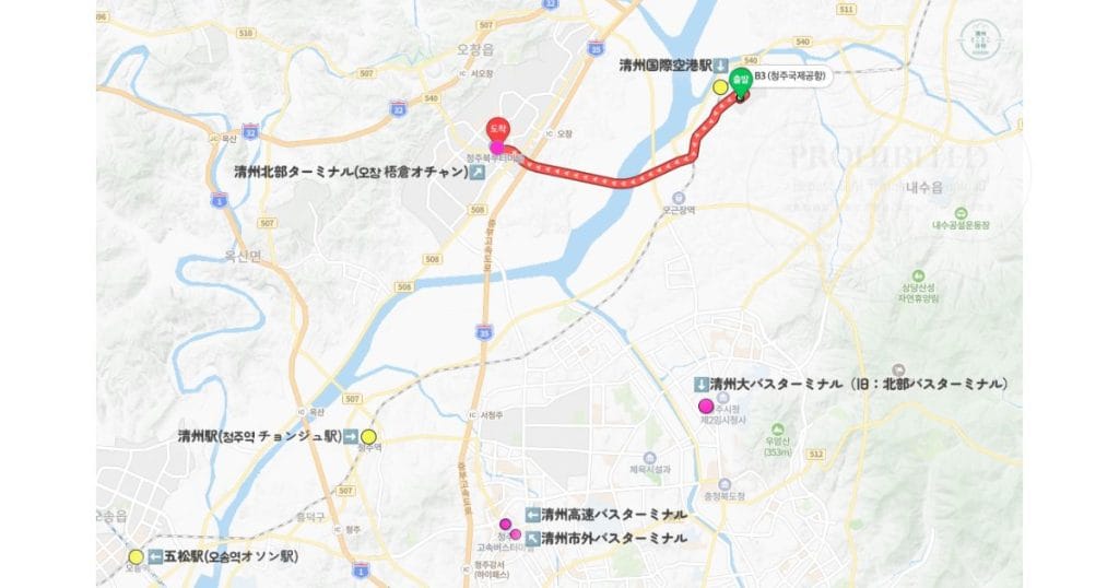清州空港と清州のバスターミナルと鉄道駅の位置関係