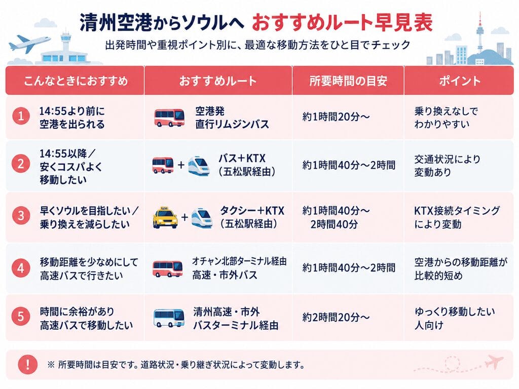 韓国・清州空港に正午から18時に到着する便のおすすめ移動ルート早見表：①14:55より前に空港を出られる場合：空港発 直行リムジンバス｜所要時間 約1時間20分〜｜乗り換えなしでわかりやすい
②14:55以降／安くコスパよく移動したい場合：バス＋KTX（五松駅経由）｜所要時間 約1時間40分〜2時間｜交通状況により変動あり
③早くソウルを目指したい／乗り換えを減らしたい場合：タクシー＋KTX（五松駅経由）｜所要時間 約1時間40分〜2時間40分｜KTX接続タイミングにより変動
④移動距離を少なめにして高速バスで行きたい場合：オチャン北部ターミナル経由 高速・市外バス｜所要時間 約1時間40分〜2時間｜空港からの移動距離が比較的短め
⑤時間に余裕があり高速バスで移動したい場合：清州高速・市外バスターミナル経由｜所要時間 約2時間20分〜｜ゆっくり移動したい人向け