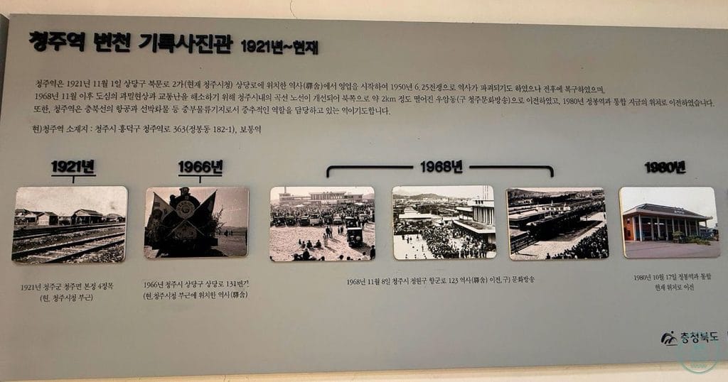 韓国。清州駅の壁に貼ってある清州駅の歴史写真
