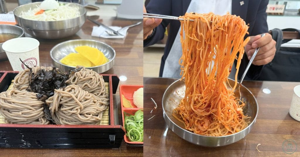 韓国・清州の서문우동（ソムンウドン：西門うどん）の냉모밀（ネンモミル）と쫄면（チョルミョン）。