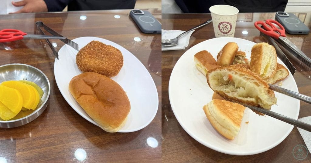 韓国・清州の서문우동（ソムンウドン：西門うどん）のシュークリームパンと野菜コロッケパン