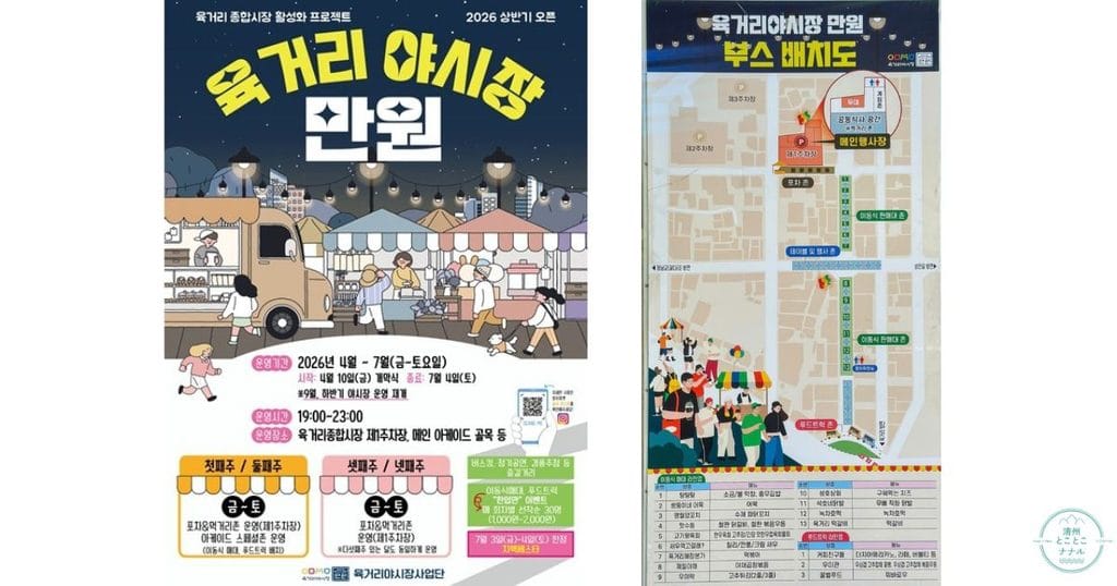 韓国・清州のユッコリ市場の夜市/ナイトマーケット、육거리야시장 만원:ユッコリヤシジャン マンウォンのチラシと屋台配置図